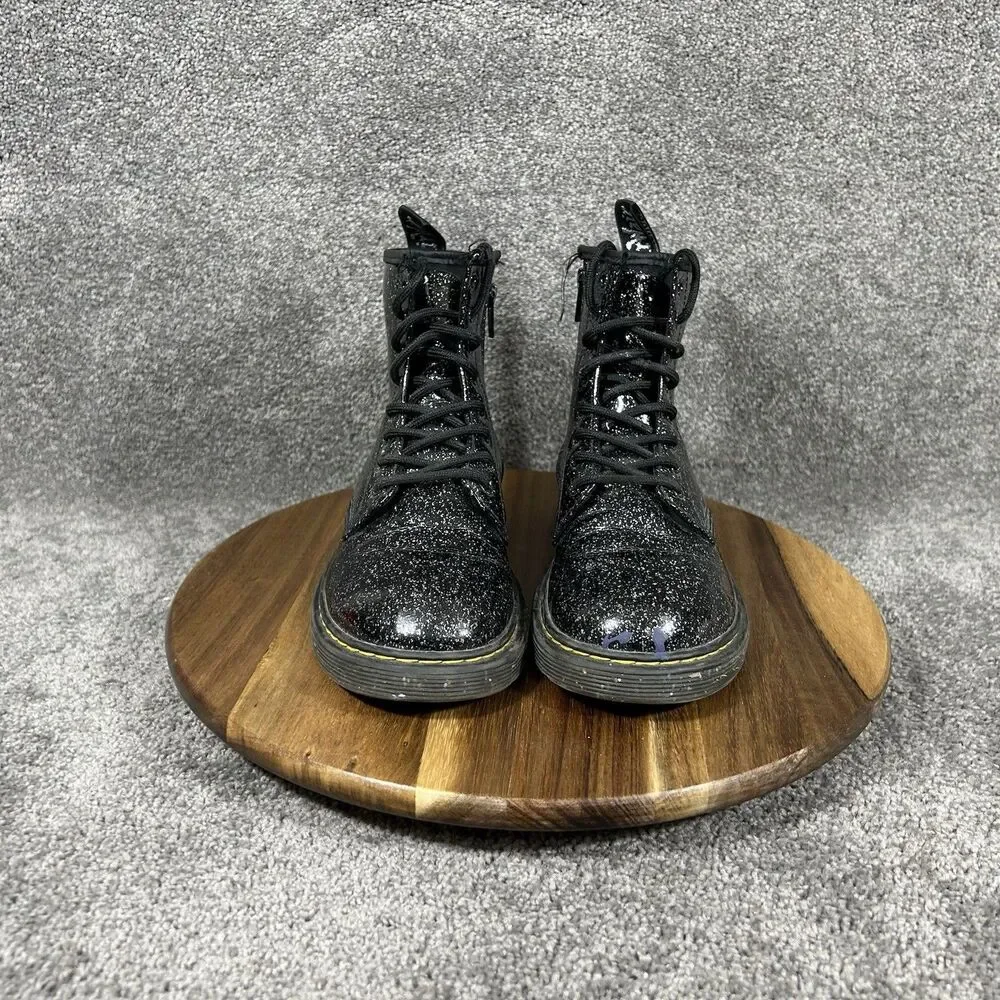 Dr Martens 1460 J Youth Sz 5 Cosmic Glitter Black Leather Zip Lace Up Boots Used